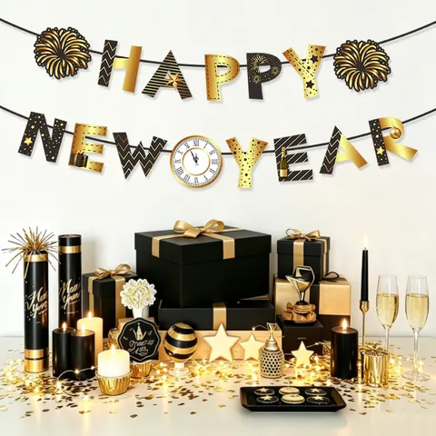 Pancarta de Feliz Año Nuevo Negro Dorado Guirnalda Banderines Reloj Moño Sombrero de Copa Banderas de Papel Estampado para Decoración Fiesta