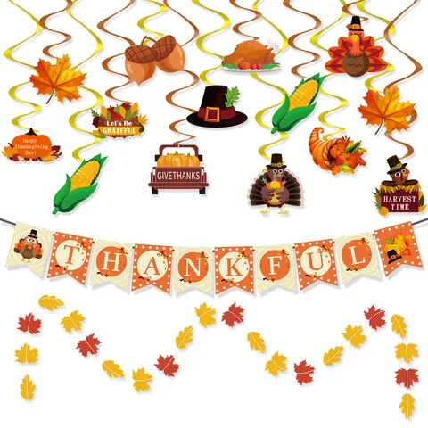 Thanksgiving Party Decoration Set Happy Thanksgiving Day Banner Hanging Swirl Garland Autumn Harvest Pumpkin Turkey Paper Streamer For Home Decor