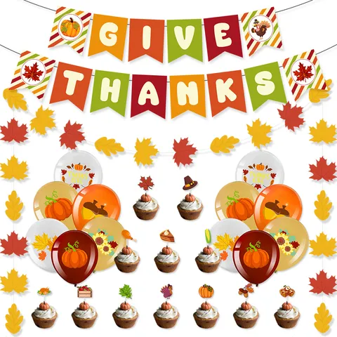 Thanksgiving Party Decoration Set Turkey Pumpkin Banners Maple Leaf Garland Balloons Cake Toppers Fall Harvest Party Supplies