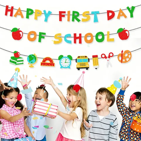 Glitter Happy First Day Of School Banner Back To School Party Decorations Classroom Welcome Garland School Bus Apple Paper Bunting For Kindergarten Nursery Party Ornaments