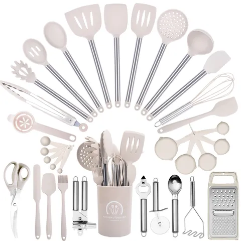Heat Resistant Silicone Kitchen Utensils Cooking Tools Set with Stainless Steel Handles and Storage Holder for Nonstick Cookware