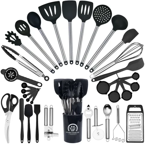 Heat Resistant Silicone Kitchen Utensils Cooking Tools Set with Stainless Steel Handles and Storage Holder for Nonstick Cookware