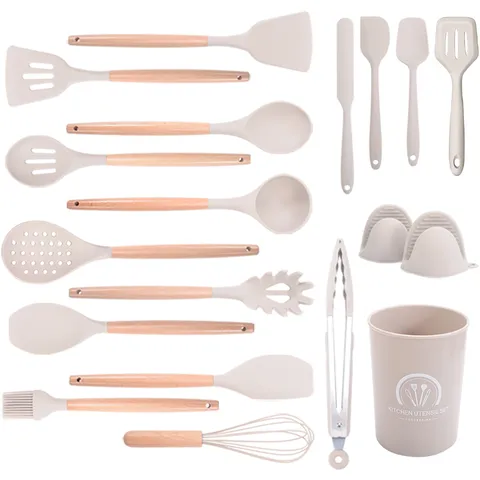 Heat Resistant Silicone Kitchen Utensils Set Non-Stick Cookware Spatula Spoon With Wooden Handle Kitchen Cooking Tools