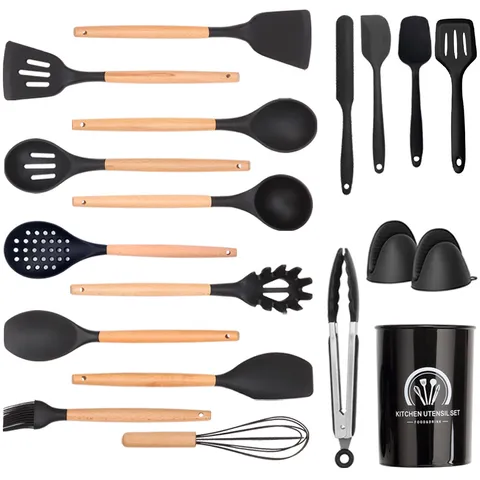 Heat Resistant Silicone Kitchen Utensils Set Non-Stick Cookware Spatula Spoon With Wooden Handle Kitchen Cooking Tools
