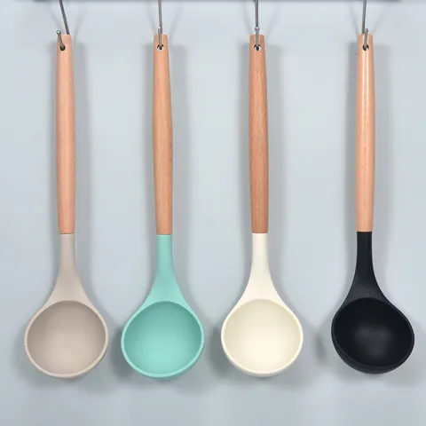 Louche à Soupe En Silicone Avec Manche En Bois Résistant à La Chaleur Cuillère Antiadhésive Pour Cuisine Maison