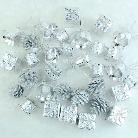 Silver Christmas Tree Hanging Ornaments Shiny Electroplated Miniature Gift Box Bells Pinecones Holiday Party Decor