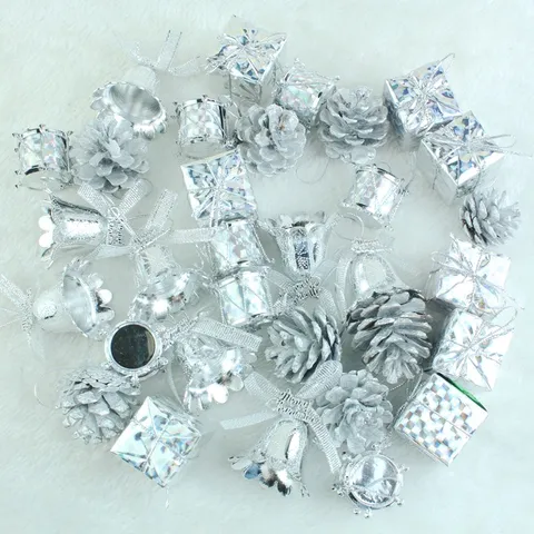 Silver Christmas Tree Hanging Ornaments Shiny Electroplated Miniature Gift Box Bells Pinecones Holiday Party Decor
