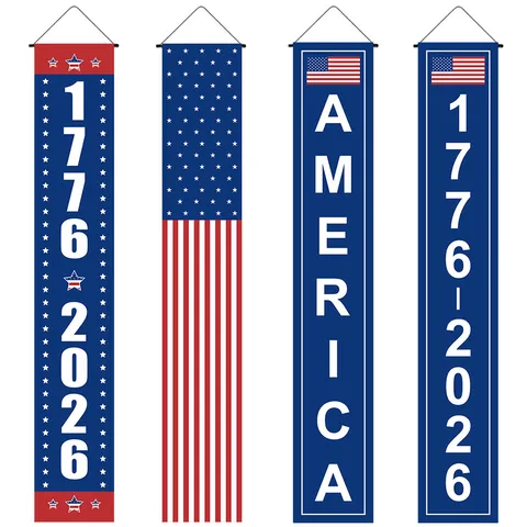 Polyester Independence Day Porch Sign Couplet USA Flag Pattern Home Hanging Banner For Patriotic Holiday Party Decoration