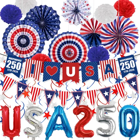 Patriotic US Independence Day Party Decorations Banner Balloons Paper Fan Flower Pom Poms Set For 4th Of July Celebration Theme Party Decor