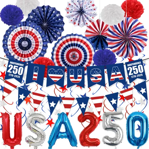 Patriotic US Independence Day Party Decorations Banner Balloons Paper Fan Flower Pom Poms Set For 4th Of July Celebration Theme Party Decor