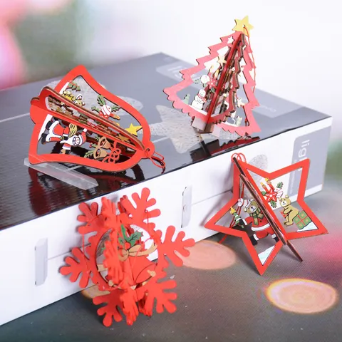 Adornos de Navidad de Madera Calado Colgante Tridimensional Rojo Copo de Nieve Estrella Campana Árbol para Fiesta Escaparate Tienda Decoración Hogar