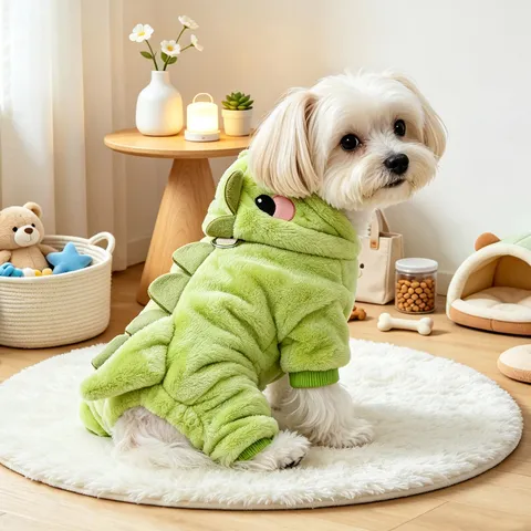 Costume da Dinosauro per Animali Domestici Felpa con Cappuccio in Peluche Calda per Cani Gatti Cuccioli Vestito Verde Cartone Animato