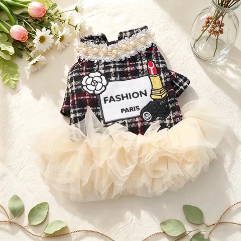 Haustier Hundekleid Britisches Karo Welpen Prinzessin Rock Mit Perlenkragen Kamelie Lippenstift Stickerei Kleiner Hund Tutu Kleid
