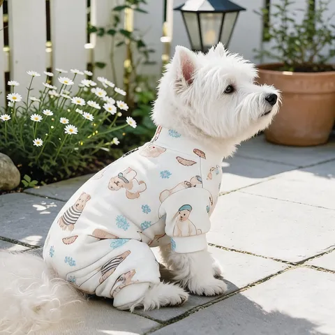 Soft Warm Polyester Pet Four-Legged Jumpsuit Cartoon Puppy Bear Printed Loungewear Cozy Autumn Winter Apparel For Small Dogs Cats