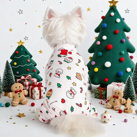 Mono de Navidad para Mascotas Ropa de Cuatro Patas para Perros Pijama Cómodo y Cálido de Invierno Abrigo Con Anillo en D Estampado para Perros Pequeños Gatos
