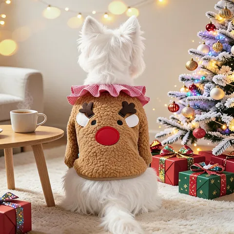 Lindo Suéter de Reno de Navidad para Mascotas Abrigo Cálido de Forro Polar Cuello con Volantes a Cuadros Disfraz Perros Gatos