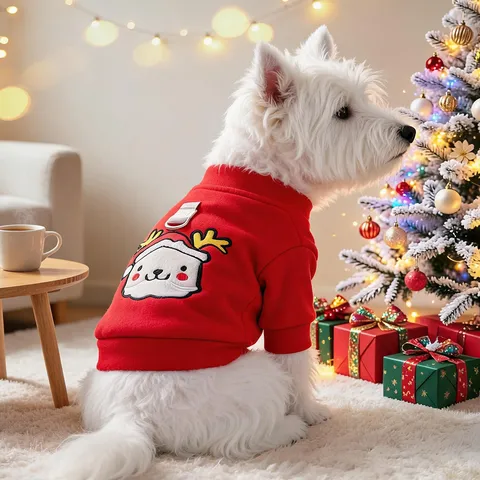 Felpa per Cani di Natale Ricamo Renna Babbo Natale Abbigliamento per Animali per Cani Piccoli Cappotto Invernale D-Ring Rosso