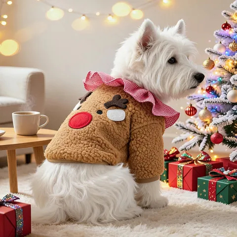 Lindo Suéter de Reno de Navidad para Mascotas Abrigo Cálido de Forro Polar Cuello con Volantes a Cuadros Disfraz Perros Gatos