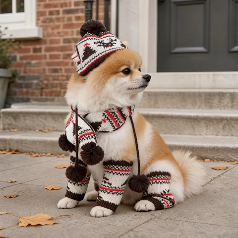 Kerstmis Huisdier Breien Warme Muts Sjaal Beenwarmer Set Karton Sneeuwvlok Rendier Patroon Polyester Kleding Voor Kleine Hond Kat Accessoires
