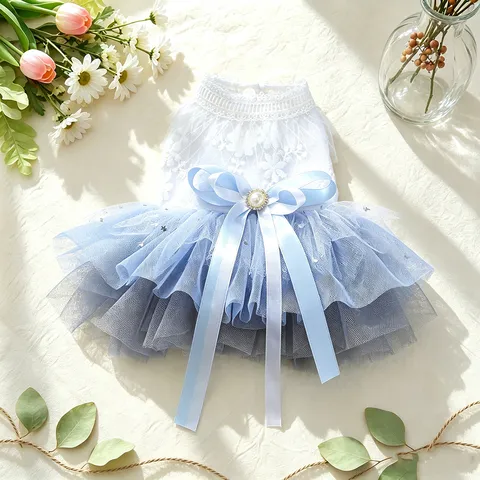 Robe Élégante de Style Princesse pour Animaux de Compagnie pour Petits Chiens Chats Robe de Mariée Gilet en Maille de Tulle Dentelle Florale Vêtements Avec Grand Nœud Perle Artificielle Robe de Fête d'Anniversaire Vêtement