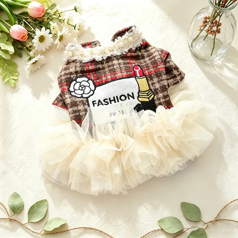 Haustier Hundekleid Britisches Karo Welpen Prinzessin Rock Mit Perlenkragen Kamelie Lippenstift Stickerei Kleiner Hund Tutu Kleid