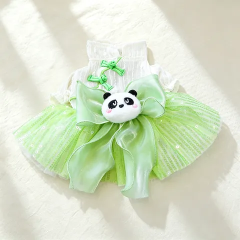 Cute Panda Pet Dress Tulle Princess Mesh Skirt With Chinese Bowknot For Small Dogs Cats Puppy Casual Outfits Clothes