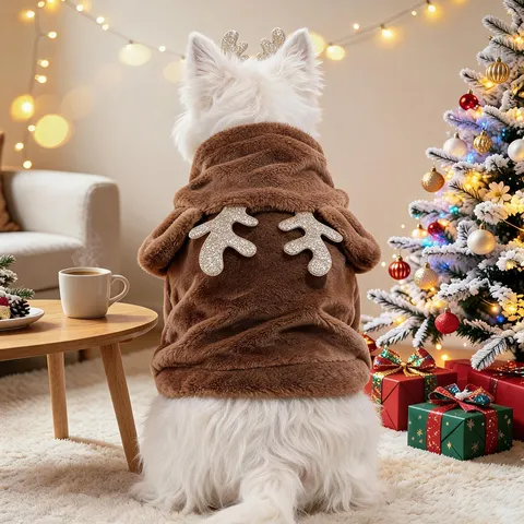 Costume da Cane Domestico Renna di Natale Calda Felpa con Cappuccio in Flanella per Cuccioli Cani Piccoli Gatti Vestiti Invernali