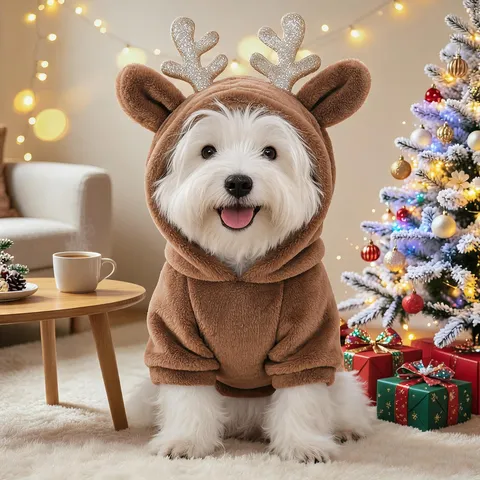 Costume da Cane Domestico Renna di Natale Calda Felpa con Cappuccio in Flanella per Cuccioli Cani Piccoli Gatti Vestiti Invernali