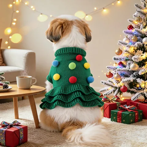 Acrylic Christmas Tree Style Dog Sweater Knitted Pet Ruffle Dress With Colorful Pompoms Puppy Clothes For Small Dogs Holiday Party Clothing