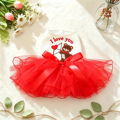 Petcircle Casual Polyester Pet Dress Multi-Layer Mesh Bowknot Cartoon Bear Embroidered Puppy Clothes For Wedding Holiday