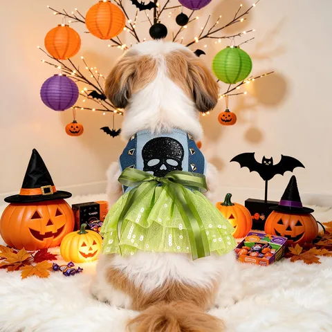 Pet Halloween Denim Mesh Dog Dress Neon Green Skull Pattern Punk Style Dog Clothes For Small Dogs Puppy Holiday Party Outfit