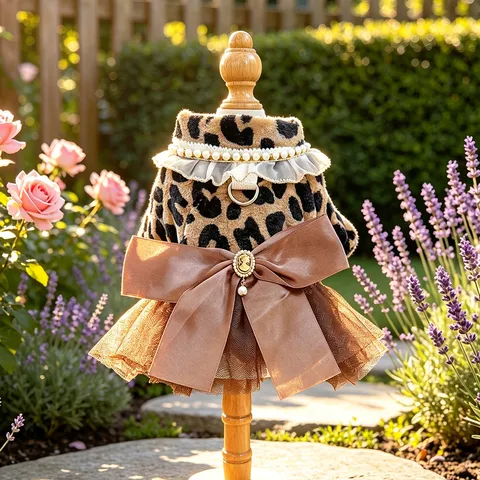 Petcircle Abito da Compagnia Casual in Poliestere con Stampa Leopardata Fiocco Perle Artificiali Gonna a Tutù Autunno per Cani Piccoli Gatti