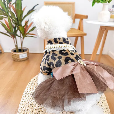 Petcircle Abito da Compagnia Casual in Poliestere con Stampa Leopardata Fiocco Perle Artificiali Gonna a Tutù Autunno per Cani Piccoli Gatti