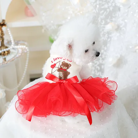 Petcircle Casual Polyester Pet Dress Multi-Layer Mesh Bowknot Cartoon Bear Embroidered Puppy Clothes For Wedding Holiday
