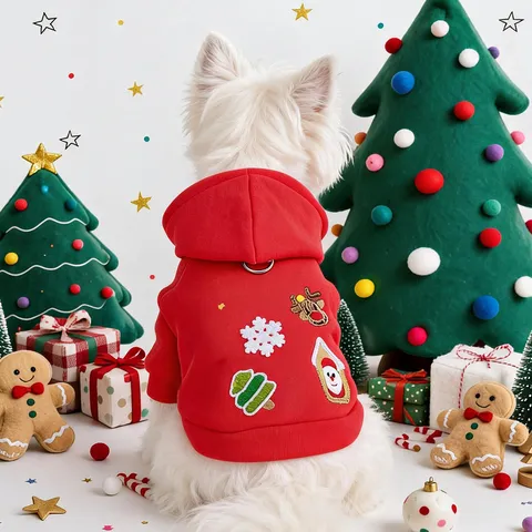 Pet Christmas Reindeer Tree Embroidered Hoodie Red Warm Fleece Sweatshirt For Small Dogs Cats Holiday Party Pet Clothing