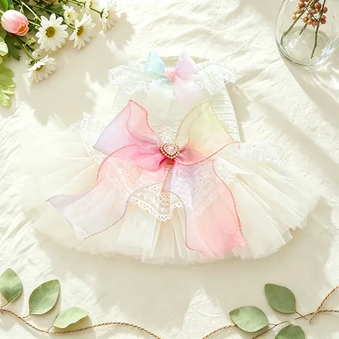 Petcircle Rainbow Gradient Big Bowknot Pet Dress Multi Layer Mesh Wedding Party Princess Gown For Dogs Cats
