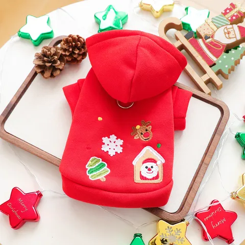 Pet Christmas Reindeer Tree Embroidered Hoodie Red Warm Fleece Sweatshirt For Small Dogs Cats Holiday Party Pet Clothing