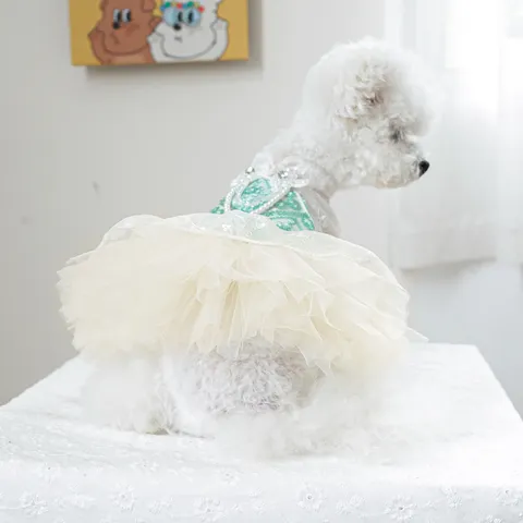 Petcircle Vestito per Cani di Piccola Taglia Cucciolo Principessa Festa Mint Green Pizzo Tulle Vestito Con Perla Artificiale Strass Abbigliamento Animali