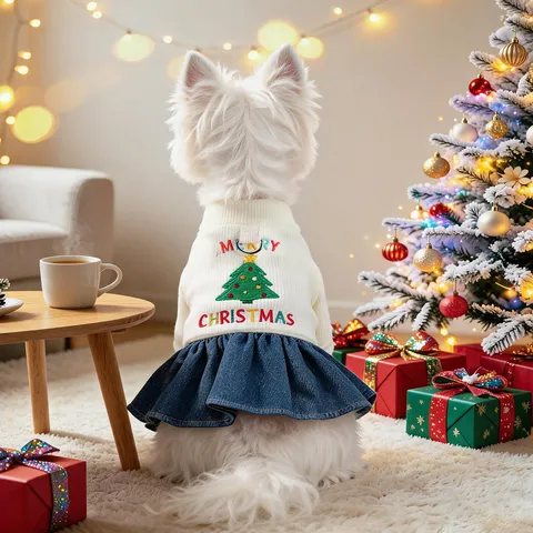 Pet Christmas Dress For Small Dogs Puppies Ribbed Knit Patchwork Denim Skirt Holiday Party Costume Outfit Pet Apparel