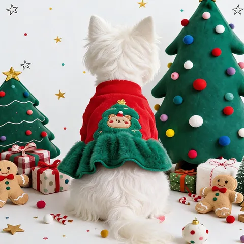 Vestito per Cani in Peluche di Natale Vestiti Festivi per Cuccioli Rosso Verde Ricamo Orso Albero Inverno Caldo Pet Outfit