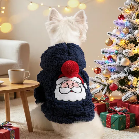 Navy Blue Polyester Pet Christmas Winter Clothes Thick Fleece Santa Claus Hooded Sweater Apparel For Small Dogs Cats Puppy