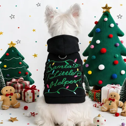Polyester Christmas Pet Hoodie Santa's Little Helper Embroidered Dog Sweatshirt Warm Festive Puppy Cat Apparel Black