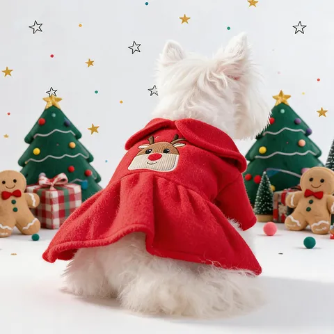 Weihnachtsrentier Besticktes Haustierkleid Festlich Rot Warm Winter Herbst Welpenkleidung Für Kleine Hunde Katzen Peter-Pan-Kragen Plissierter Rock Bekleidung