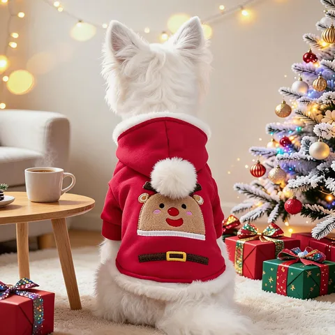 Pet Christmas Reindeer Hoodie Dog Cat Festive Costume Polyester Warm Small Dog Puppy Sweatshirt Red Fleece Clothes