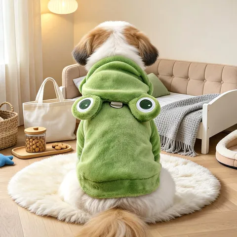 Cute Frog Shape Plush Pet Hoodie Soft Polyester Cartoon Warm Apparel Costume with D-Ring for Small Dogs Cats Cosplay Party Supplies