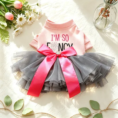 Gonna Tutu per Animali Domestici Autunno Inverno Vestito in Maglia Rosa con Fiocco Stampato Abbigliamento per Cani Piccola Taglia