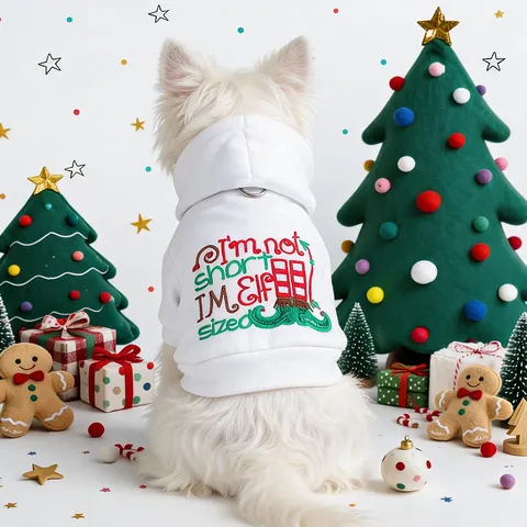 Haustier Weihnachten Elf Hoodie Bestickt Weiß Haustierbekleidung Für Kleine Hunde Welpen Herbst Winter Warmes Fleece Top