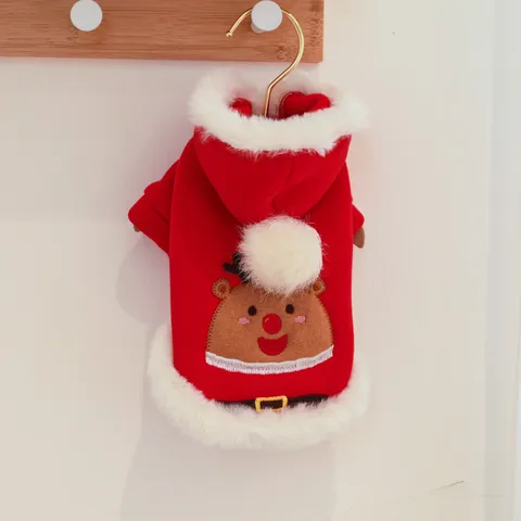 Pet Christmas Reindeer Hoodie Dog Cat Festive Costume Polyester Warm Small Dog Puppy Sweatshirt Red Fleece Clothes