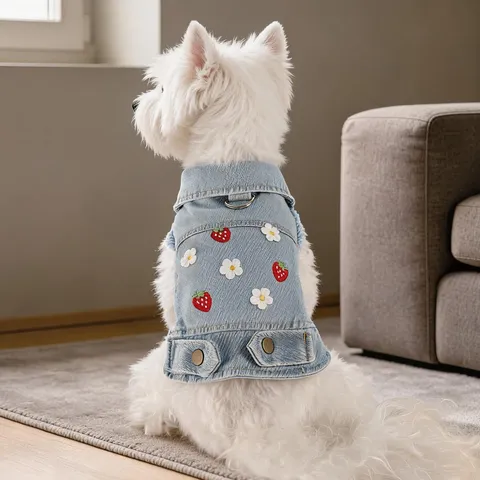 Haustier Denim Weste Ärmellos Revers Erdbeere Blume Stickerei Kleiner Hund Katze Jacke Welpen Kleidung Polyester