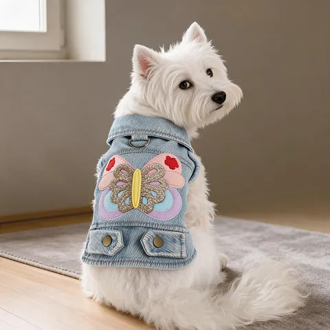 Pet Casual Denim Vest Embroidered Butterfly Lapel Sleeveless Jacket Apparel For Small Medium Dogs Cats Everyday Spring Autumn